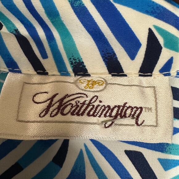 Vintage Worthington Blue Geometric Coastal Short Sleeve Top Plus 14 Collared - Picture 7 of 13